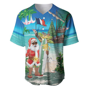 Afro Christmas in Mayotte Baseball Jersey Santa Chill on Tropical Beach - African Pride