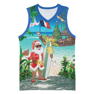 Afro Christmas in Mayotte Basketball Jersey Santa Chill on Tropical Beach - African Pride