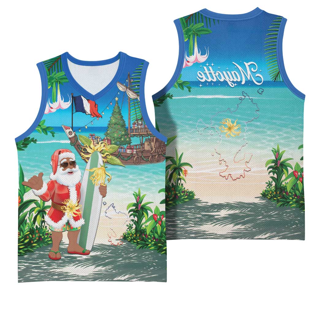 Afro Christmas in Mayotte Basketball Jersey Santa Chill on Tropical Beach - African Pride