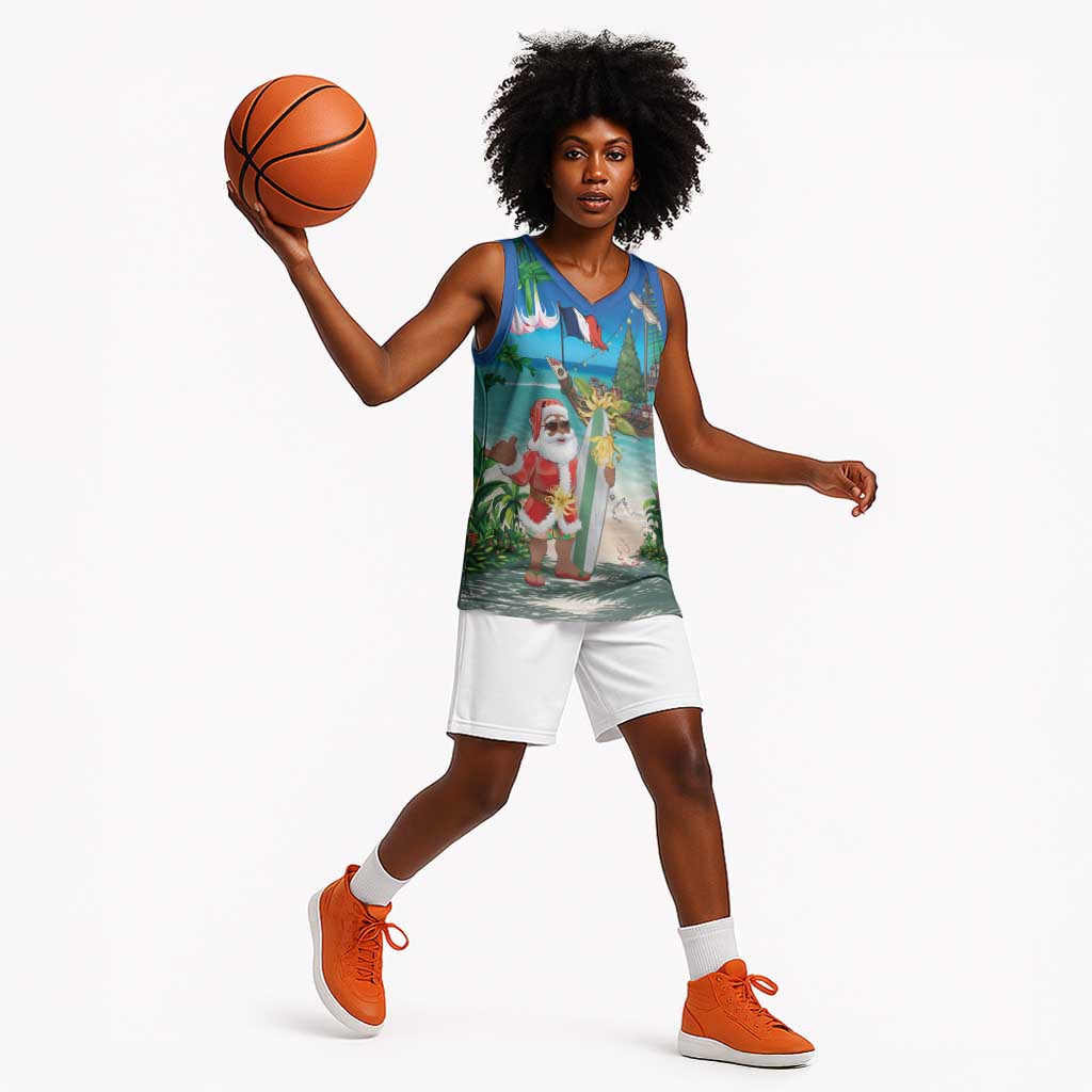 Afro Christmas in Mayotte Basketball Jersey Santa Chill on Tropical Beach - African Pride