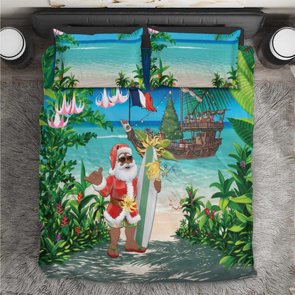 Afro Christmas in Mayotte Bedding Set Santa Chill on Tropical Beach - African Pride