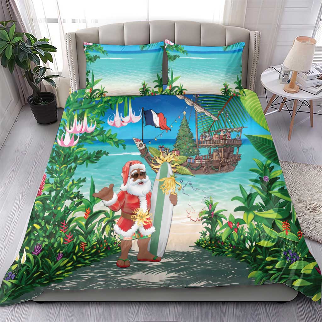 Afro Christmas in Mayotte Bedding Set Santa Chill on Tropical Beach - African Pride