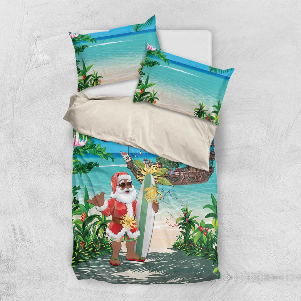 Afro Christmas in Mayotte Bedding Set Santa Chill on Tropical Beach - African Pride