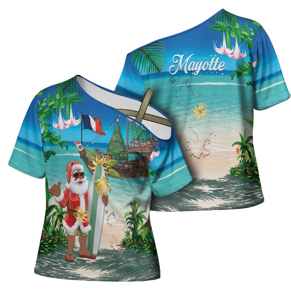 Mayotte Christmas Cross Shoulder Shirt Santa Chill on Tropical Beach