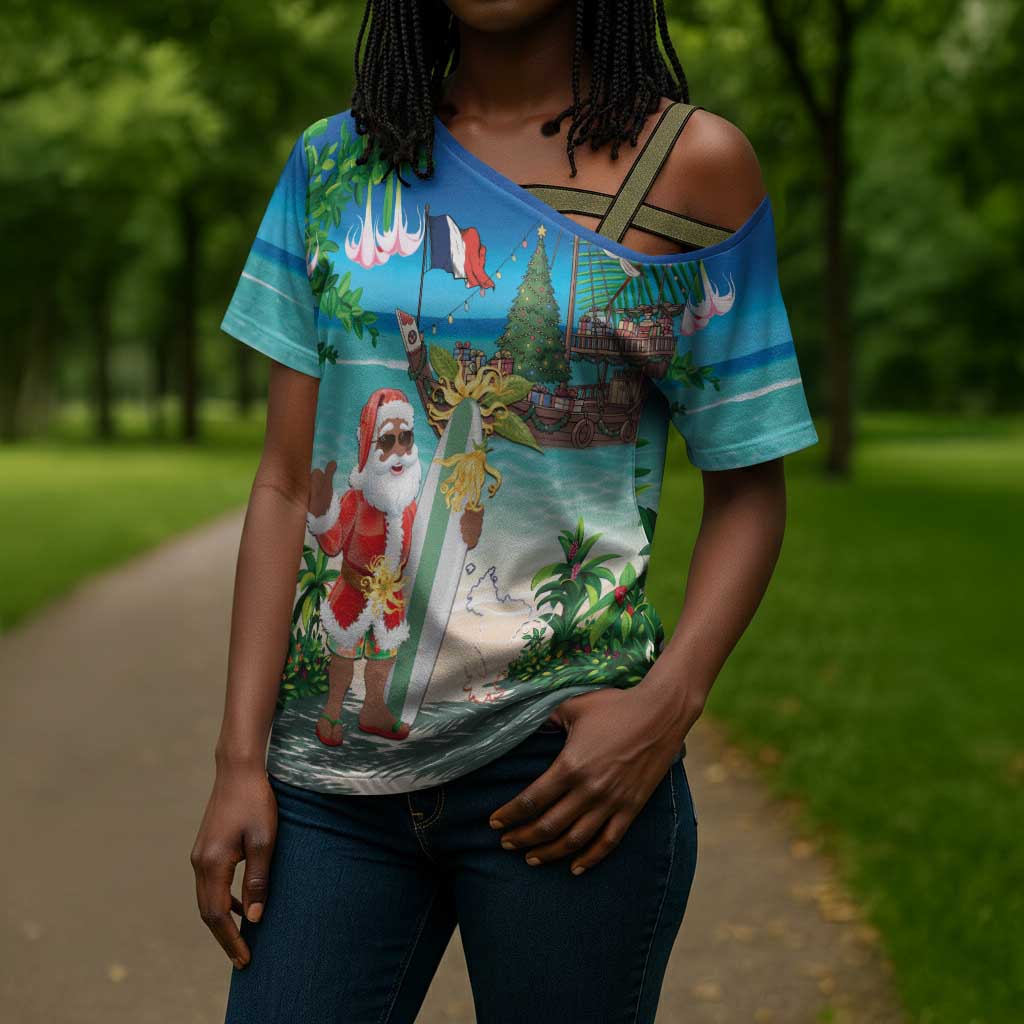 Mayotte Christmas Cross Shoulder Shirt Santa Chill on Tropical Beach