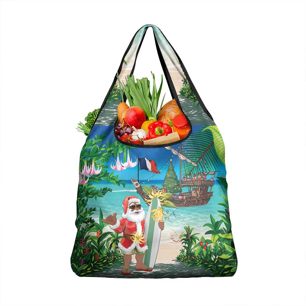 Afro Christmas in Mayotte Grocery Bag Santa Chill on Tropical Beach - African Pride