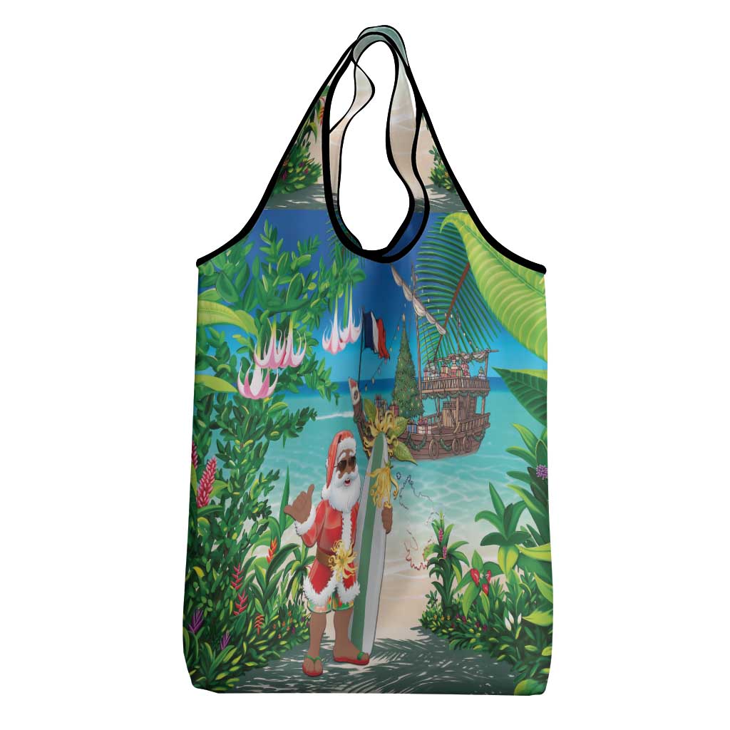 Afro Christmas in Mayotte Grocery Bag Santa Chill on Tropical Beach - African Pride