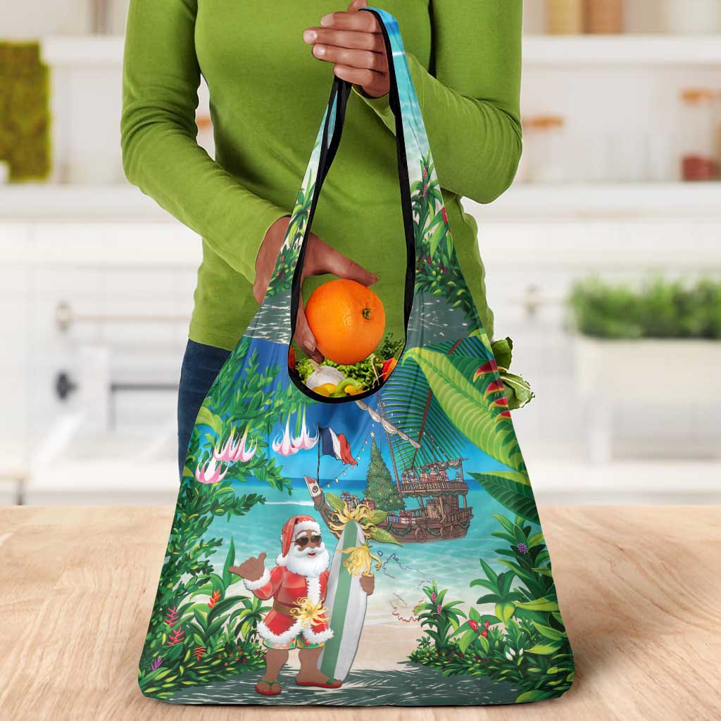 Afro Christmas in Mayotte Grocery Bag Santa Chill on Tropical Beach - African Pride