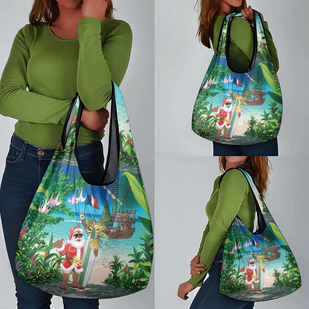 Afro Christmas in Mayotte Grocery Bag Santa Chill on Tropical Beach - African Pride