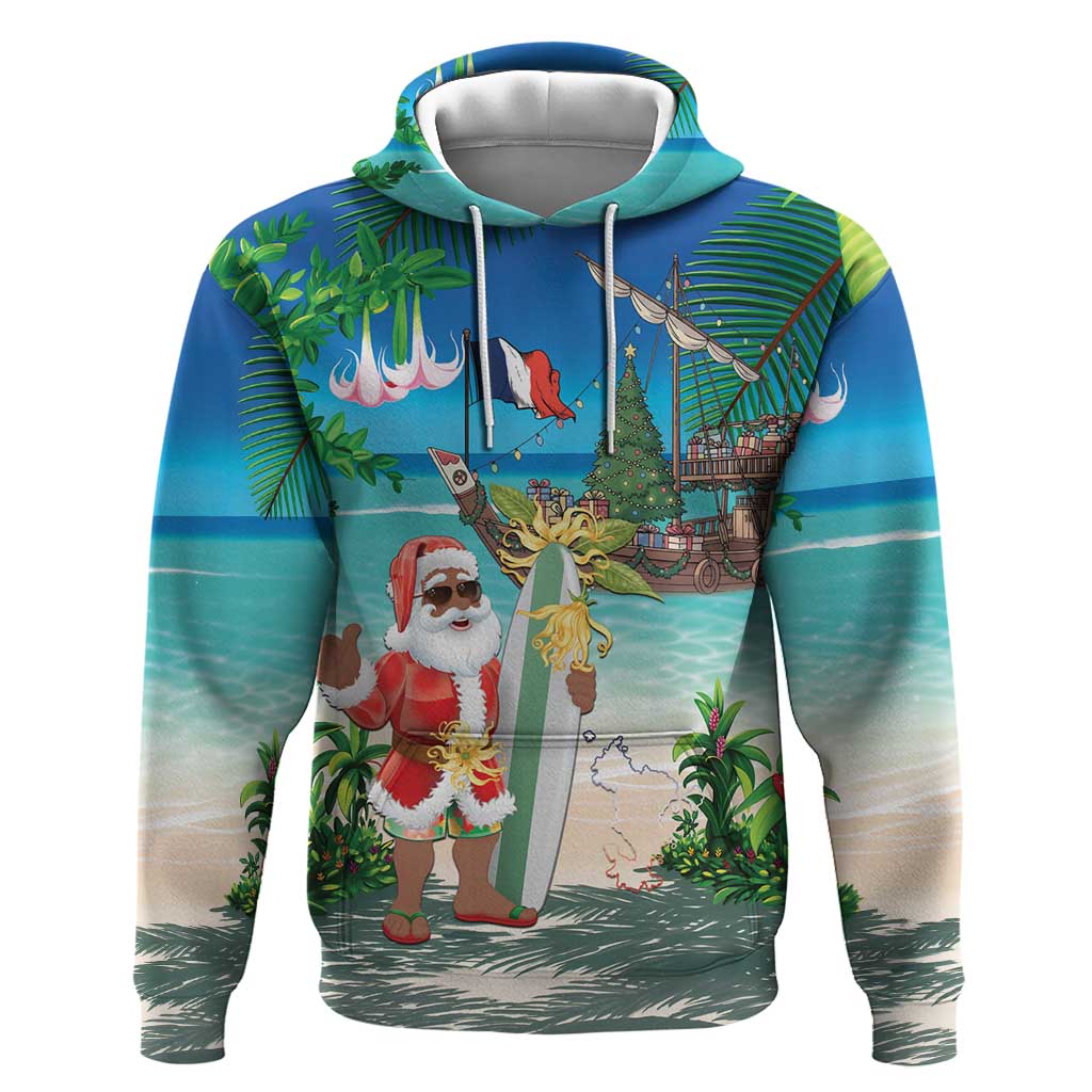 Afro Christmas in Mayotte Hoodie Santa Chill on Tropical Beach - African Pride