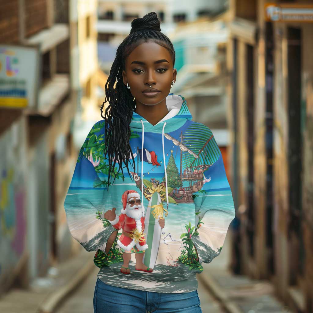 Afro Christmas in Mayotte Hoodie Santa Chill on Tropical Beach - African Pride