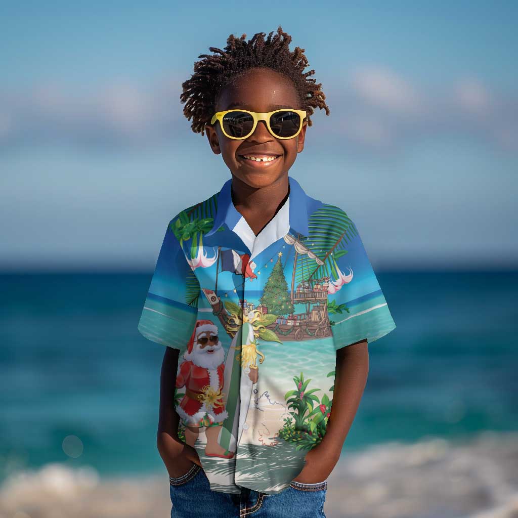 Afro Christmas in Mayotte Kid Hawaiian Shirt Santa Chill on Tropical Beach - African Pride