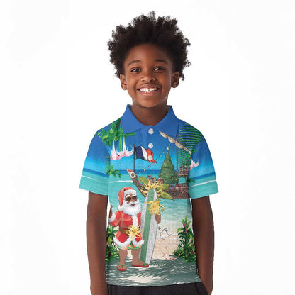 Afro Christmas in Mayotte Kid Polo Shirt Santa Chill on Tropical Beach - African Pride