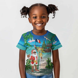 Afro Christmas in Mayotte Kid T shirt Santa Chill on Tropical Beach - African Pride