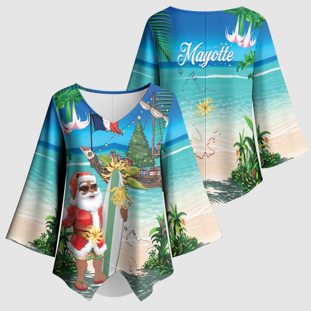 Mayotte Christmas Kimono Sleeve Blouse Santa Chill on Tropical Beach