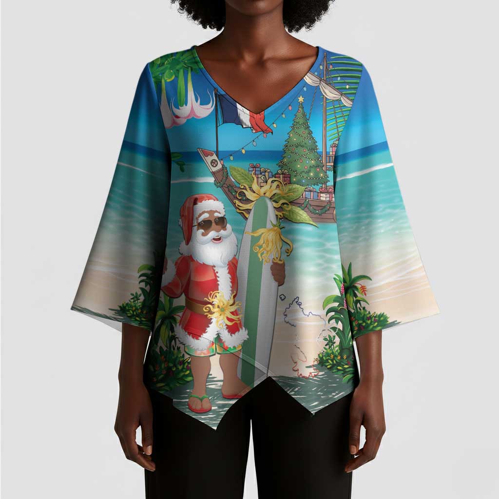 Mayotte Christmas Kimono Sleeve Blouse Santa Chill on Tropical Beach