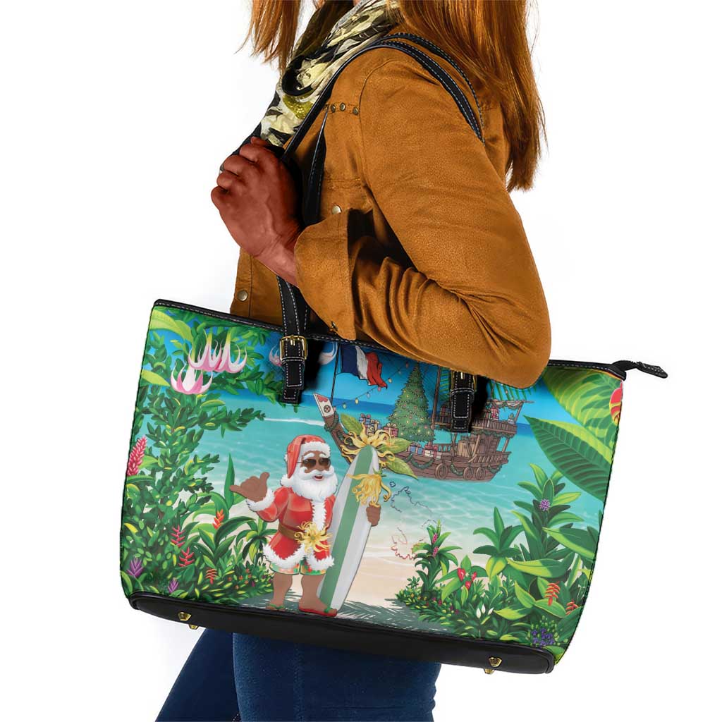 Afro Christmas in Mayotte Leather Tote Bag Santa Chill on Tropical Beach - African Pride