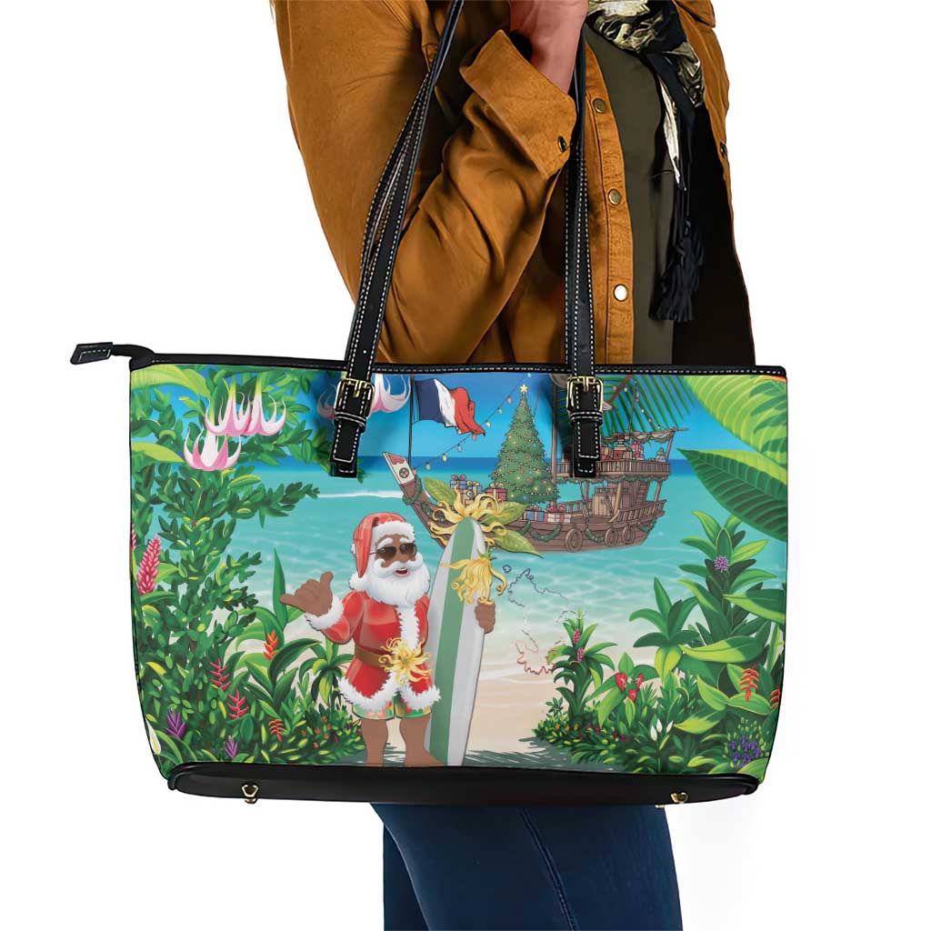 Afro Christmas in Mayotte Leather Tote Bag Santa Chill on Tropical Beach - African Pride