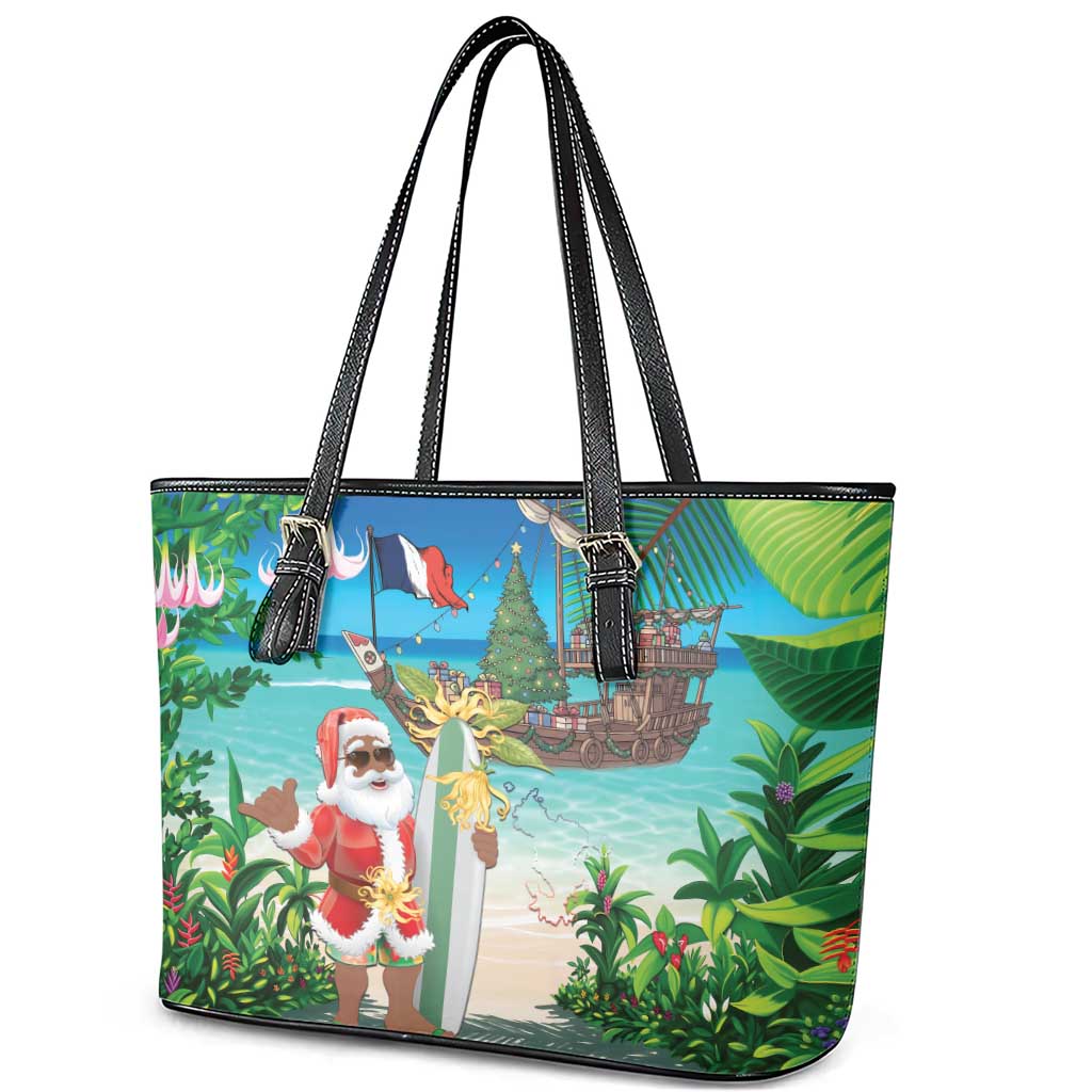 Afro Christmas in Mayotte Leather Tote Bag Santa Chill on Tropical Beach - African Pride