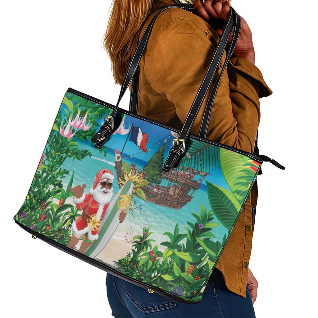 Afro Christmas in Mayotte Leather Tote Bag Santa Chill on Tropical Beach - African Pride