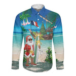 Afro Christmas in Mayotte Long Sleeve Button Shirt Santa Chill on Tropical Beach - African Pride