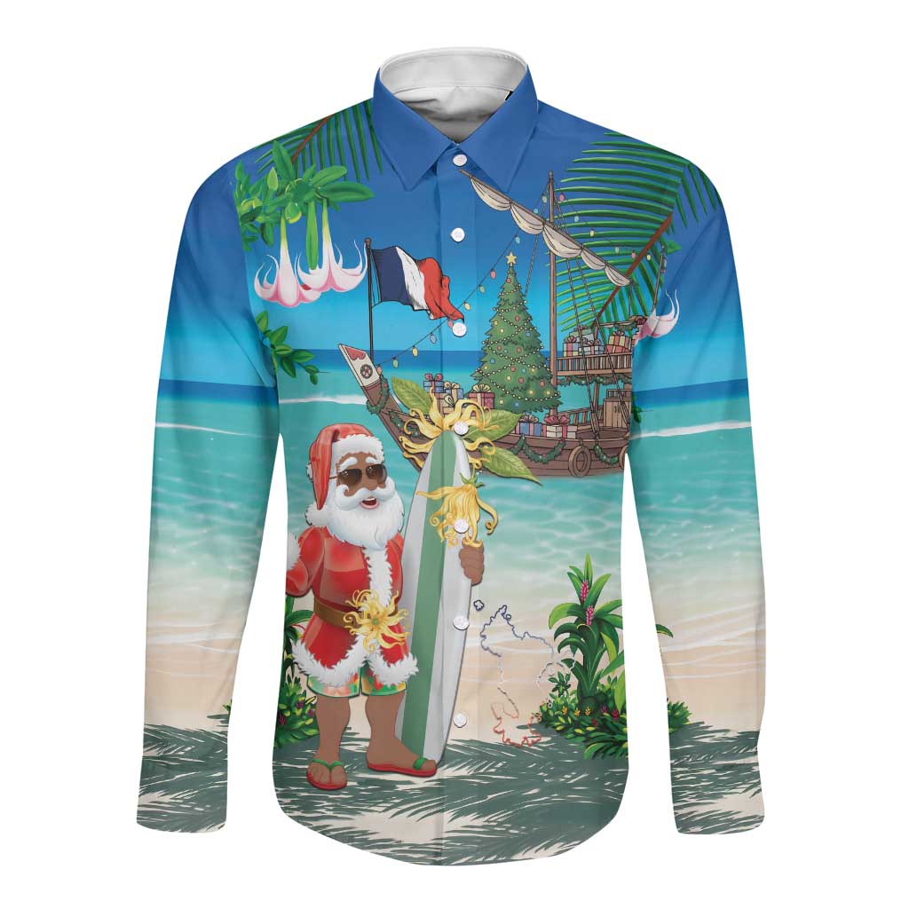 Afro Christmas in Mayotte Long Sleeve Button Shirt Santa Chill on Tropical Beach - African Pride