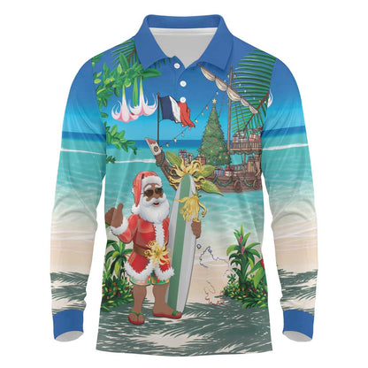 Afro Christmas in Mayotte Long Sleeve Polo Shirt Santa Chill on Tropical Beach - African Pride