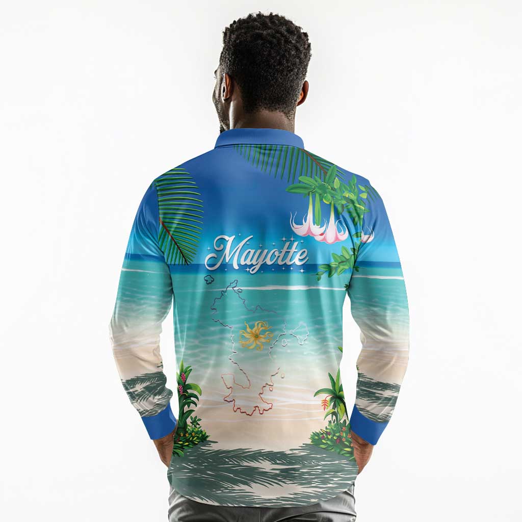 Afro Christmas in Mayotte Long Sleeve Polo Shirt Santa Chill on Tropical Beach - African Pride