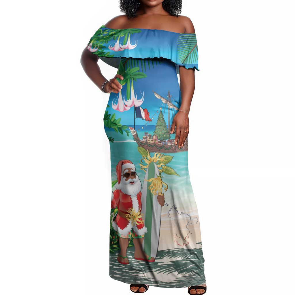 Afro Christmas in Mayotte Off Shoulder Maxi Dress Santa Chill on Tropical Beach - African Pride