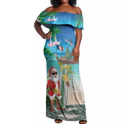 Afro Christmas in Mayotte Off Shoulder Maxi Dress Santa Chill on Tropical Beach - African Pride