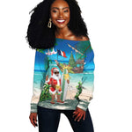 Afro Christmas in Mayotte Off Shoulder Sweater Santa Chill on Tropical Beach - African Pride
