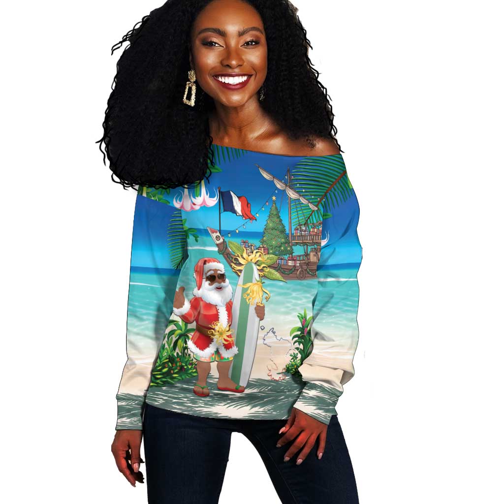 Afro Christmas in Mayotte Off Shoulder Sweater Santa Chill on Tropical Beach - African Pride