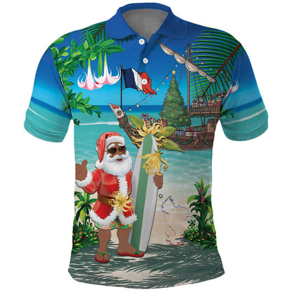 Afro Christmas in Mayotte Polo Shirt Santa Chill on Tropical Beach - African Pride