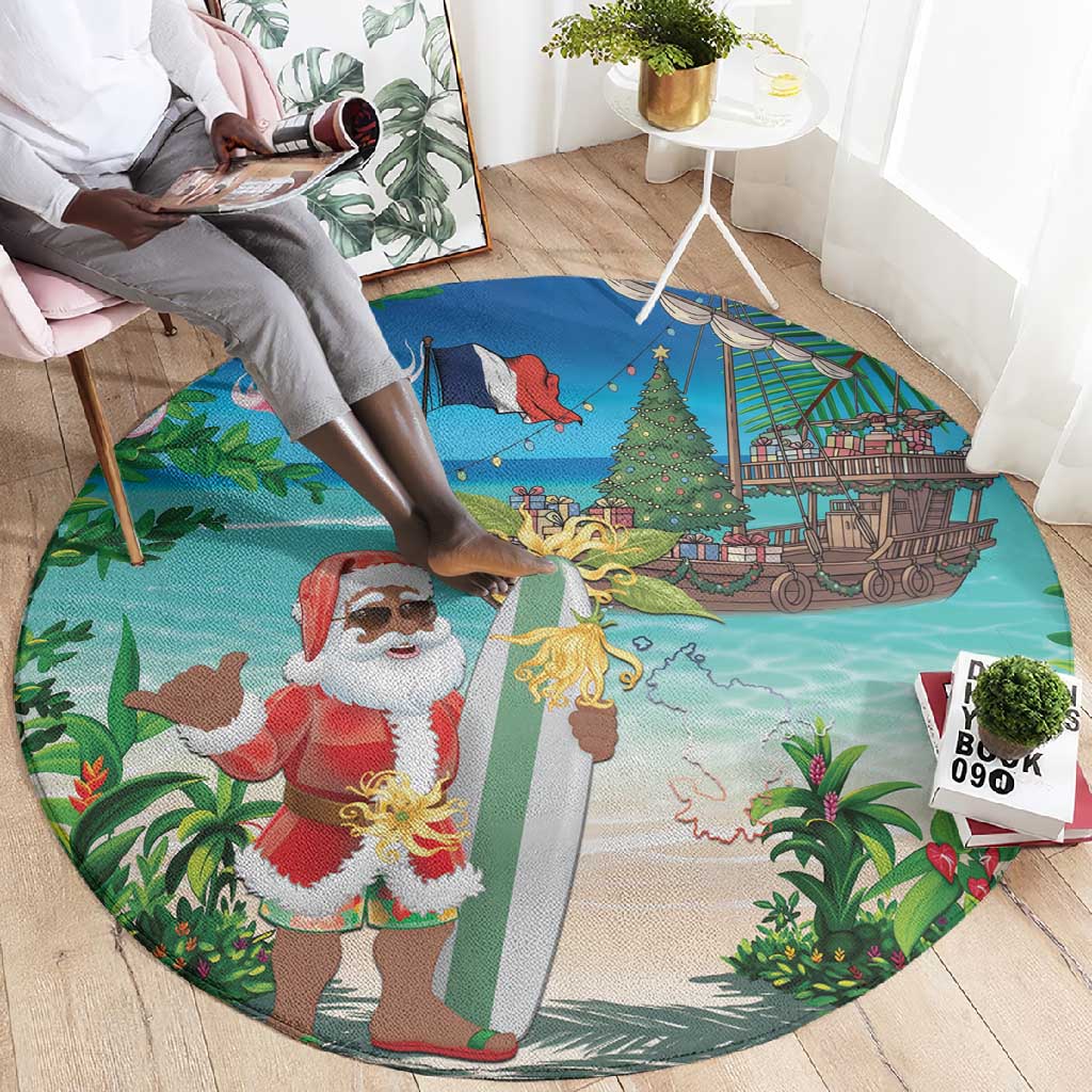 Afro Christmas in Mayotte Round Carpet Santa Chill on Tropical Beach - African Pride