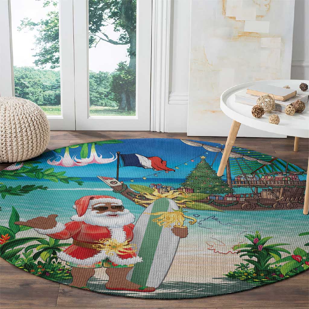 Afro Christmas in Mayotte Round Carpet Santa Chill on Tropical Beach - African Pride
