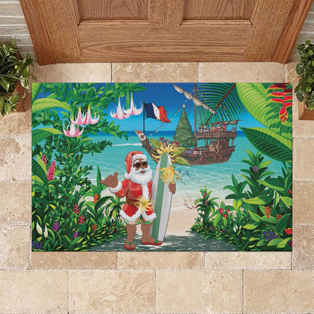 Afro Christmas in Mayotte Rubber Doormat Santa Chill on Tropical Beach - African Pride