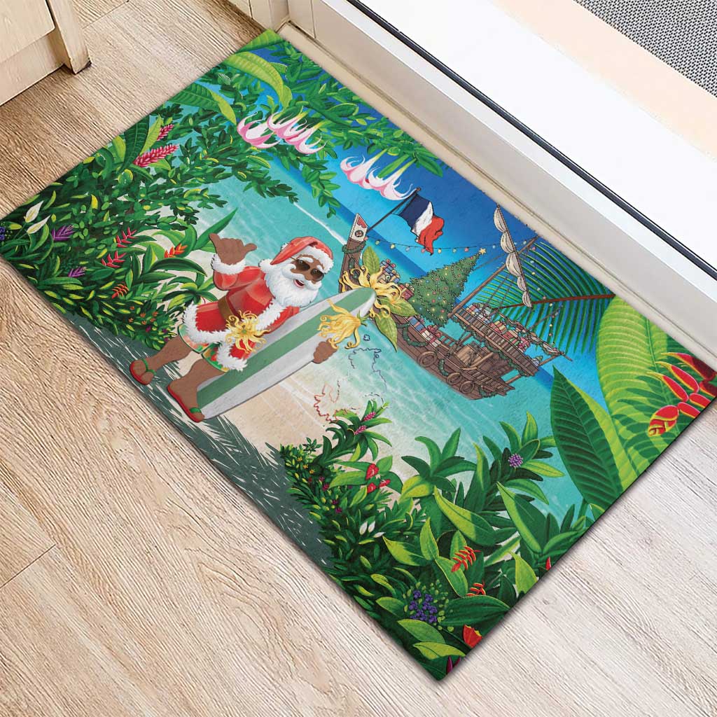 Afro Christmas in Mayotte Rubber Doormat Santa Chill on Tropical Beach - African Pride