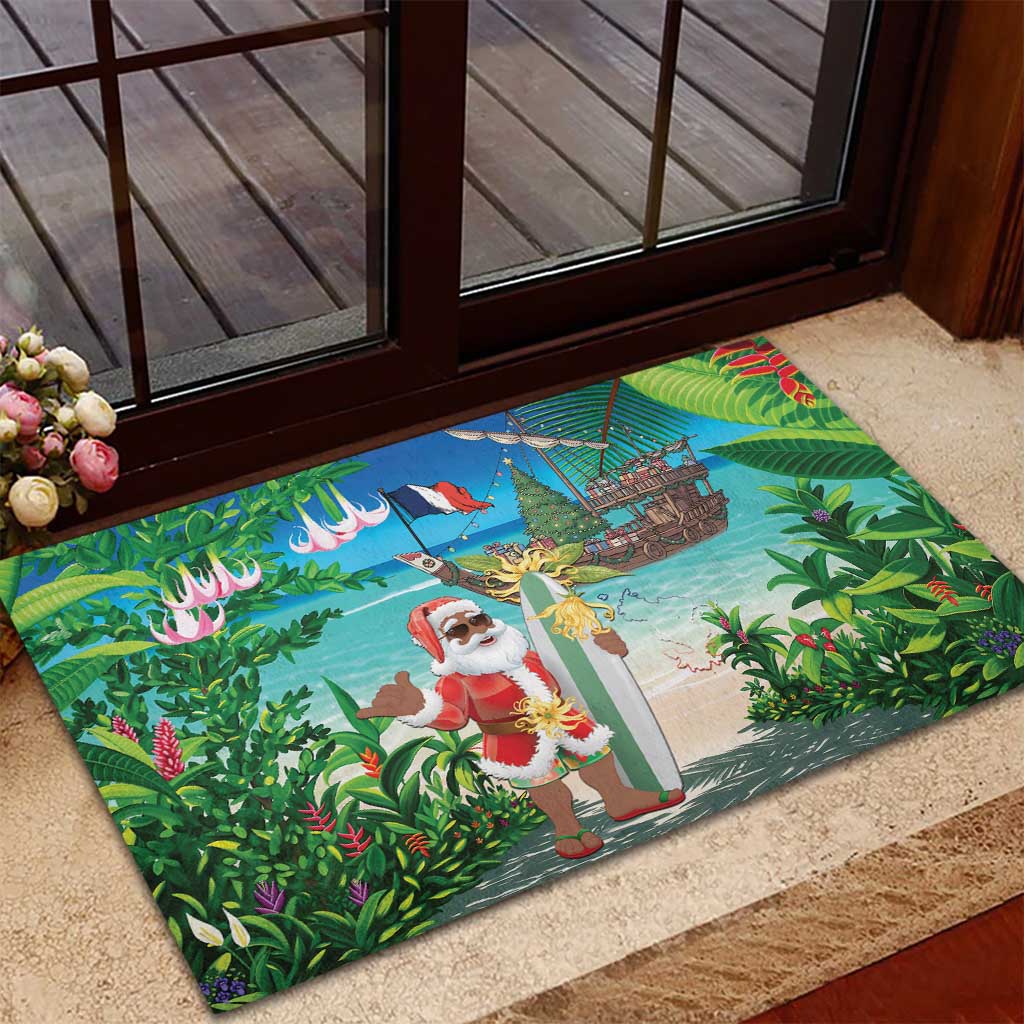 Afro Christmas in Mayotte Rubber Doormat Santa Chill on Tropical Beach - African Pride