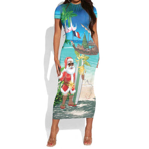 Afro Christmas in Mayotte Short Sleeve Bodycon Dress Santa Chill on Tropical Beach - African Pride