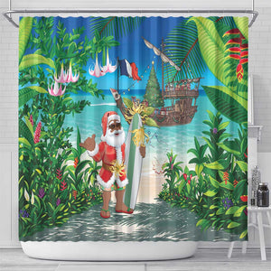 Afro Christmas in Mayotte Shower Curtain Santa Chill on Tropical Beach - African Pride