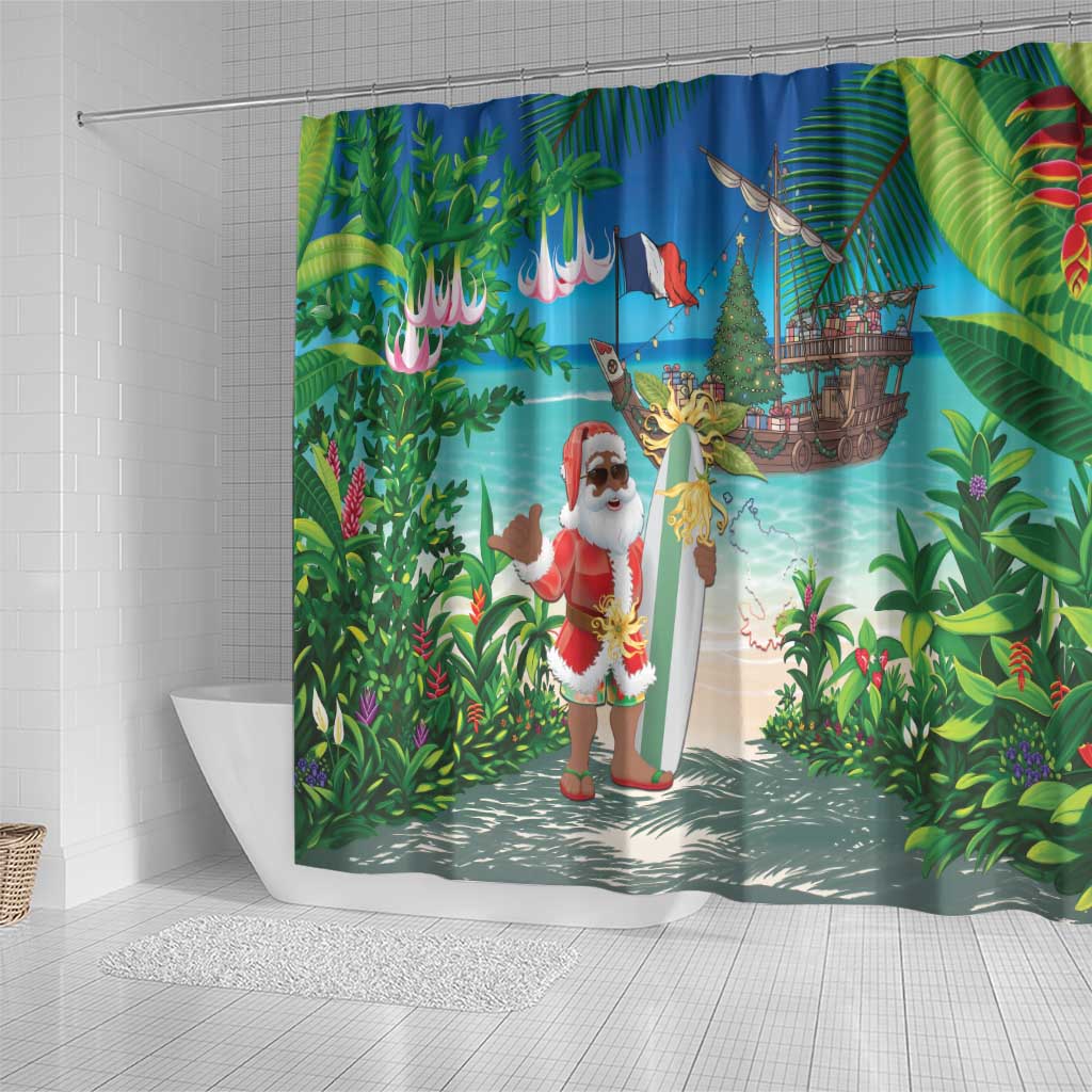 Afro Christmas in Mayotte Shower Curtain Santa Chill on Tropical Beach - African Pride