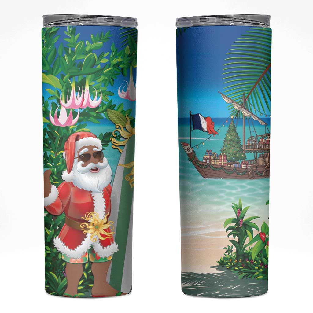 Afro Christmas in Mayotte Skinny Tumbler Santa Chill on Tropical Beach - African Pride