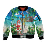 Afro Christmas in Mayotte Sleeve Zip Bomber Jacket Santa Chill on Tropical Beach - African Pride