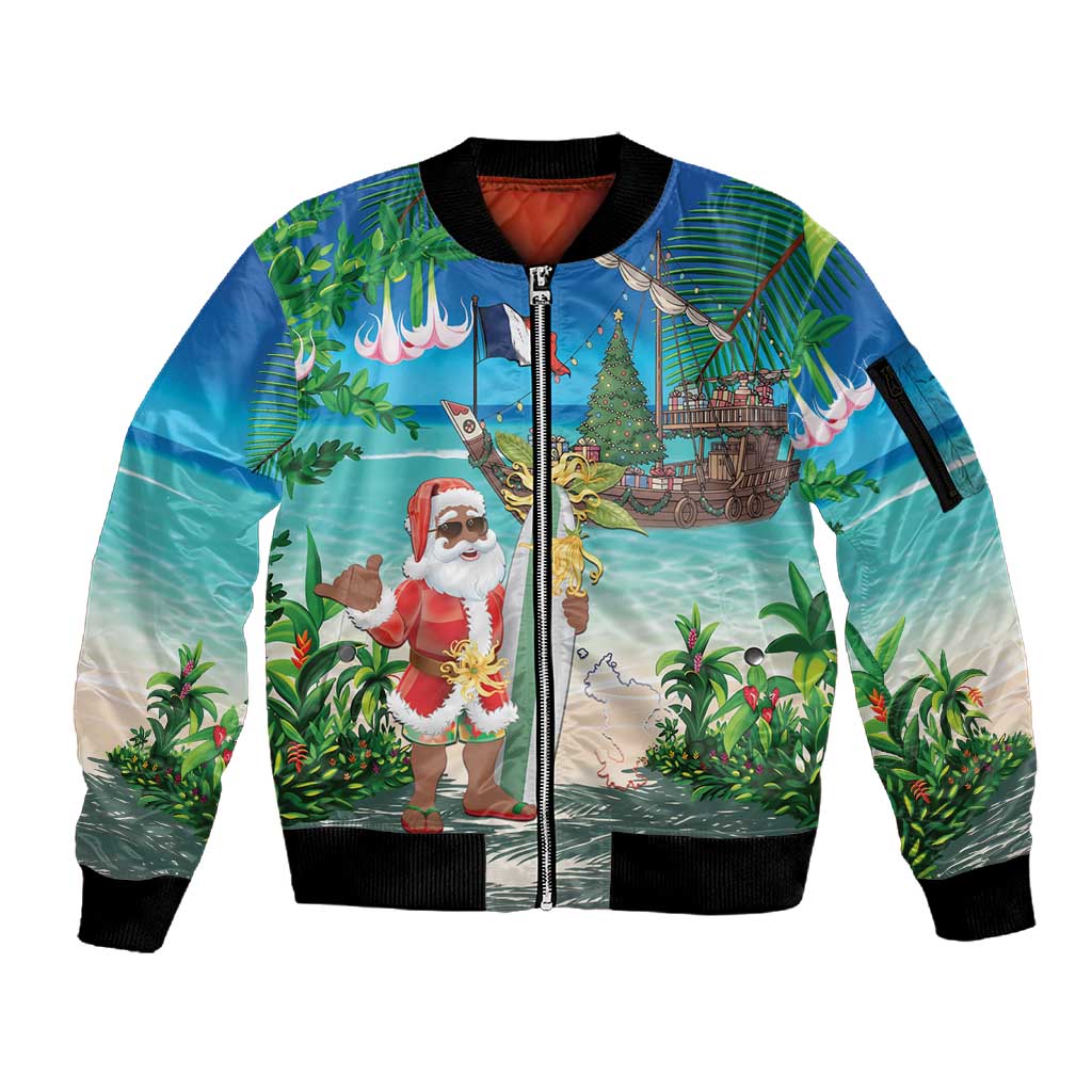 Afro Christmas in Mayotte Sleeve Zip Bomber Jacket Santa Chill on Tropical Beach - African Pride