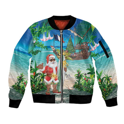 Afro Christmas in Mayotte Sleeve Zip Bomber Jacket Santa Chill on Tropical Beach - African Pride