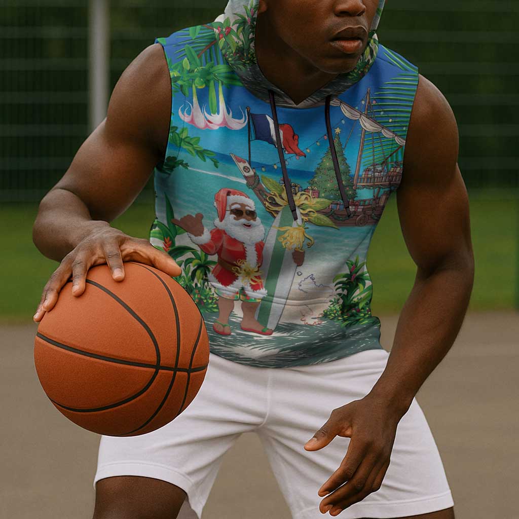 Afro Christmas in Mayotte Sleeveless Hoodie Santa Chill on Tropical Beach - African Pride