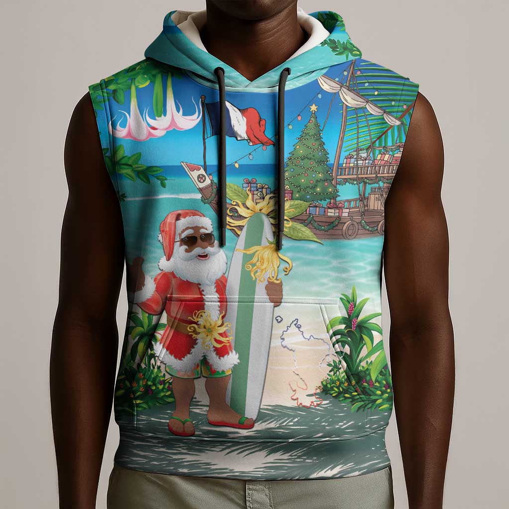 Afro Christmas in Mayotte Sleeveless Hoodie Santa Chill on Tropical Beach - African Pride