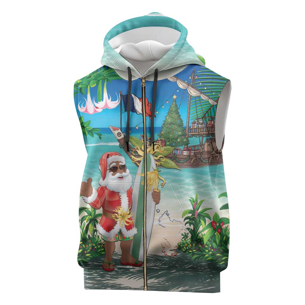 Afro Christmas in Mayotte Sleeveless Zip Hoodie Santa Chill on Tropical Beach - African Pride
