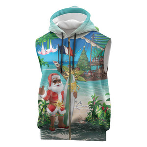 Afro Christmas in Mayotte Sleeveless Zip Hoodie Santa Chill on Tropical Beach - African Pride
