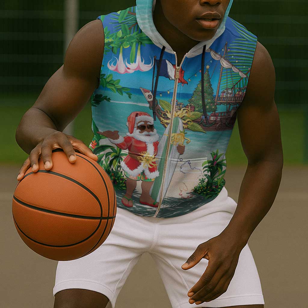 Afro Christmas in Mayotte Sleeveless Zip Hoodie Santa Chill on Tropical Beach - African Pride
